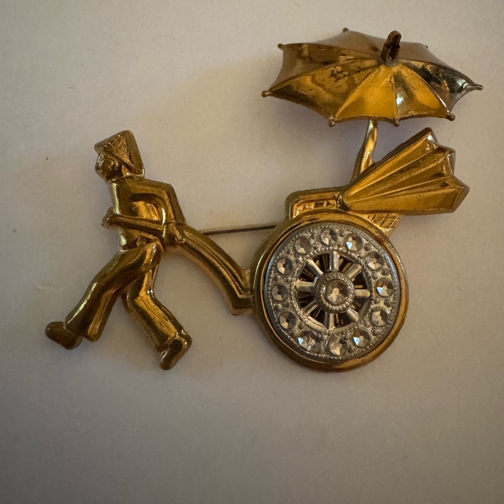 Vintage 1940’s Gold Rickshaw Brooch with Silver Accents